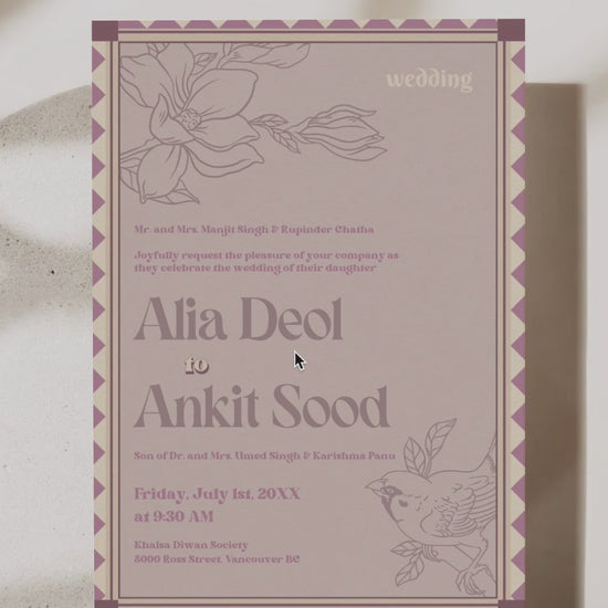 Retro Wedding Invitation Set in the shades of mehndi green, purple, wine purple, and beige. With pink marigold floral.Indian Wedding Invitation Set. Personalize and customize in Canva. Print at any local printer around the World. Florals & Birds
