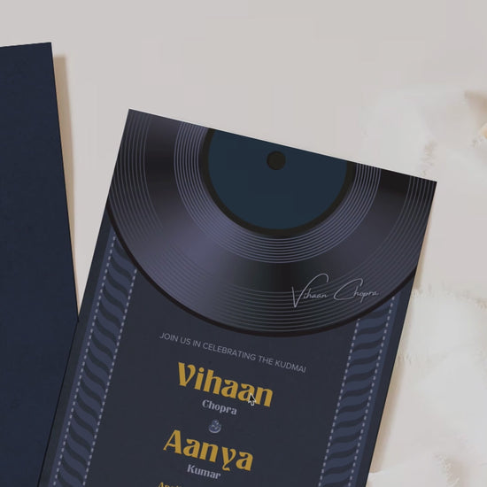 DJ vinyl record invitation. birthday invite. Wedding, engagement, bridal shower, baby shower stationery. Shades of blue & yellow. Wedding & event stationery. Personalize & customize in Canva. Digital Download. Print around the world at a local print shop