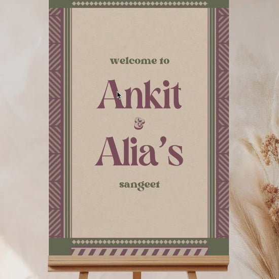 Retro Jaipur block print Welcome Sign with florals in the shades of purple, green, and beige. Chevron bordered design. Tribal prints. Indian Wedding Events like jago, sangeet, mehndi, haldi, chunni & maiyan. Personalize and customize in Canva. Print at any local printer around the World.