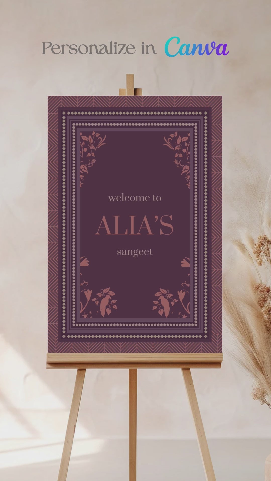Chevron Floral Welcome Sign with shades of wine purple & pink. Wedding Signage. Engagement signage, Bridal Shower signage. Baby Shower Signage. Personalize and customize in Canva. Digital Download. Print anywhere in the World at a local printer