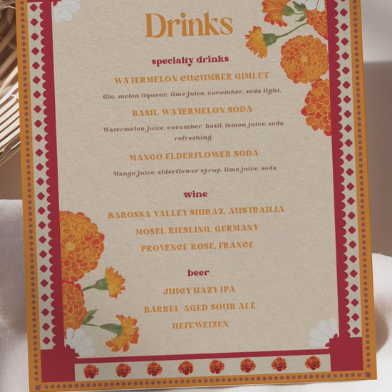 Retro Wedding Bar Menu with yellow & orange marigold florals. Indian Wedding events for Sangeet, Haldi, Maiyan or Jago. Wedding Signage. Personalize and customize in Canva. Digital Download.  Print around the world at a local print shop.