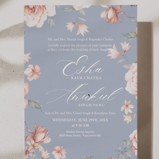 Floral Wedding Menu. Event Food Menu. Shades of Blue, orange and beige. Orange roses. Baby Shower. Indian Wedding. Birthday and Celebration. Engagement Stationery. Wedding Stationery. DIY Stationery. Digital Download. Canva. Indian Weddings. Reception. Personalize. Customize. Anand Karaj, Mehndi, Sangeet, Haldi