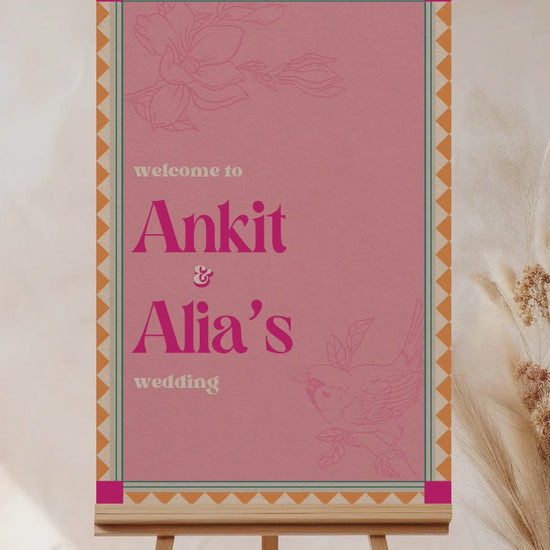 Retro Wedding Welcome Sign with florals & birds. In the shades of baby pink, hot pink, yellow, teal & beige. Indian Wedding Events like engaement, baby shower, bridal shower, jago, sangeet, mehndi, haldi, wedding & maiyan. Personalize and customize in Canva. Print at any local printer around the World.