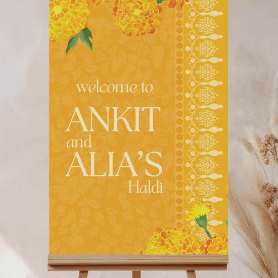 Floral Wedding Welcome Sign. Event Welcome Sign. Shades of yellow. Baby Shower. Yellow magnolia florals. Indian Wedding. Birthday and Celebration. Engagement Stationery. Wedding Stationery. DIY Stationery. Digital Download. Canva. Indian Weddings. Reception. Personalize. Customize. Anand Karaj, Mehndi, Sangeet, Haldi