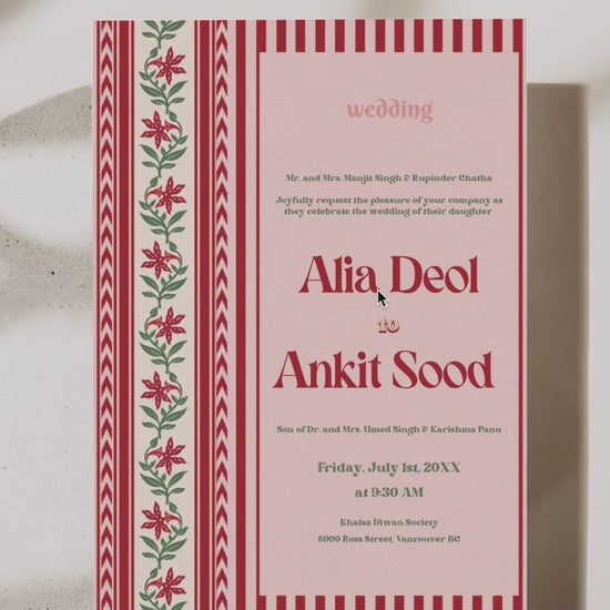 Jaipur-inspired Wedding Invitation Set in the shades of red, pink, green, and beige. With red florals. Jaipur block print artwork. It is inspired by the Villa Palladio in Jaipur. Sized at 5" x 7" with front and back design options. Indian Wedding Invitation Set. Personalize and customize in Canva. Print at any local printer around the World. Florals & Birds