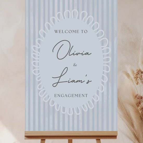 Striped welcome sign. Bridal shower sign. blue, light blue. Celebration events for engagement, birthday, baby shower or weddings. Corporate event signage. Wedding & event stationery. Personalize & customize in Canva. Digital Download. Print around the world at a local print shop