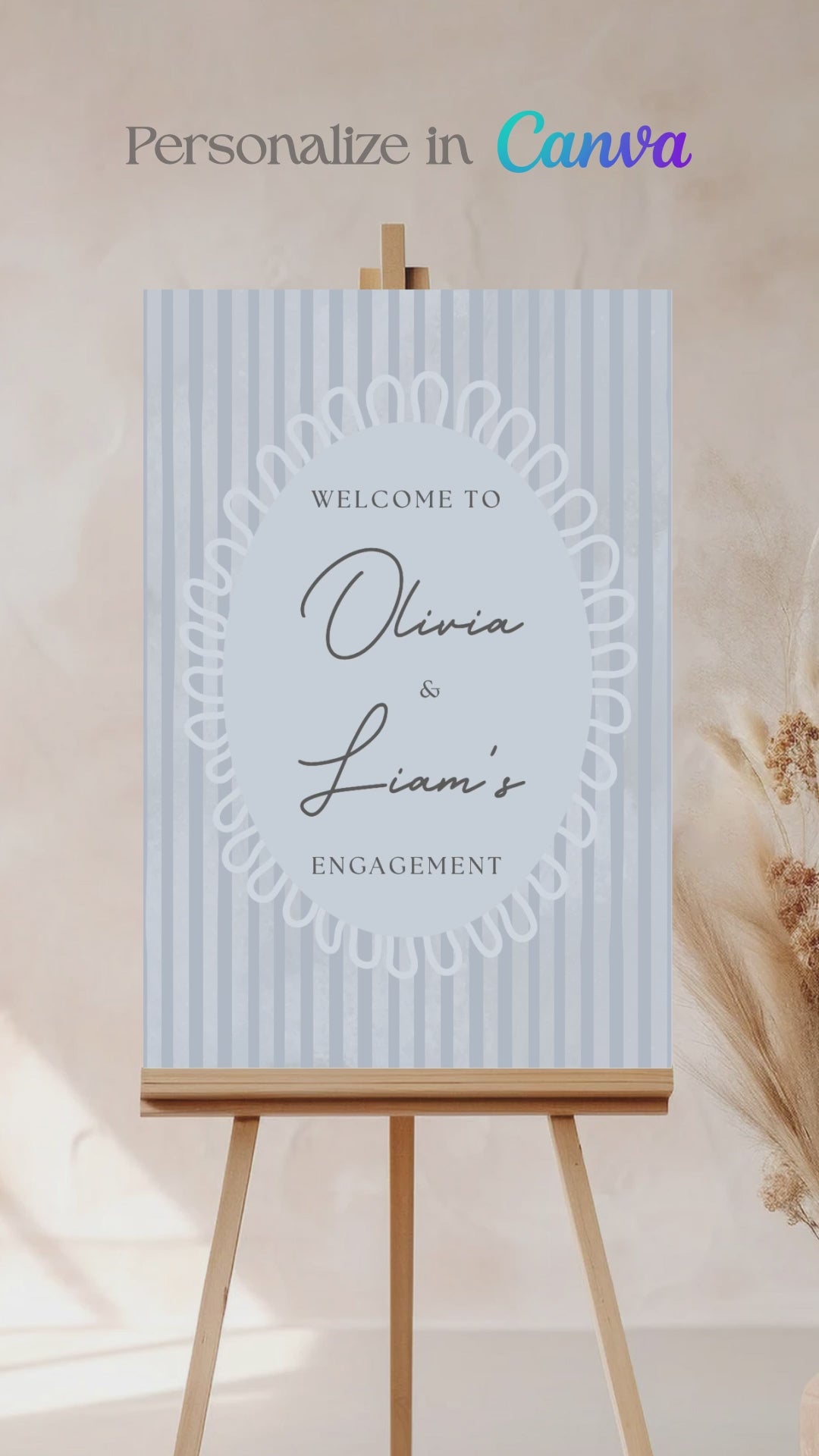 Striped welcome sign. Bridal shower sign. blue, light blue. Celebration events for engagement, birthday, baby shower or weddings. Corporate event signage. Wedding & event stationery. Personalize & customize in Canva. Digital Download. Print around the world at a local print shop