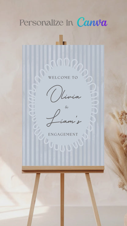 Striped welcome sign. Bridal shower sign. blue, light blue. Celebration events for engagement, birthday, baby shower or weddings. Corporate event signage. Wedding & event stationery. Personalize & customize in Canva. Digital Download. Print around the world at a local print shop