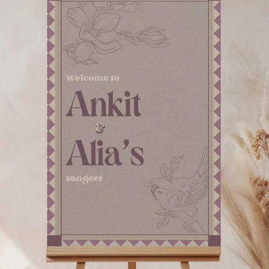 Wedding Invitations. Retro Welcome Sign. Indian Wedding Invites. Event Welcome Sign. Wine Purple, and beige colours. Purple florals and bird. Birthday and Celebration. Wedding Ceremony. Engagement Sign. Wedding Stationery. DIY Stationery. Digital Download. Canva. Indian Weddings. Anand Karaj. Sangeet. Chunni. Mehndi, Haldi. Personalize. Customize.