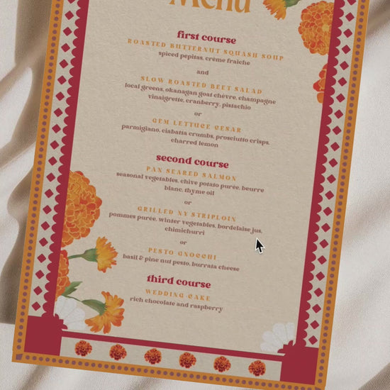 Retro Wedding Menu with yellow & orange marigold florals. Indian Wedding events for Sangeet, Haldi, Maiyan or Jago. Wedding Signage. Personalize and customize in Canva. Digital Download.  Print around the world at a local print shop.