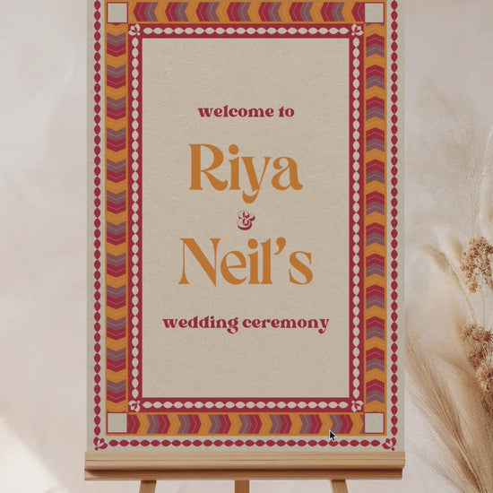 Retro Wedding Welcome Sign. Event Welcome Sign. Shades of red, orange, and yellow. Chevron Pattern. Baby Shower. Birthday and Celebration. Engagement Stationery. Wedding Stationery. DIY Stationery. Digital Download. Canva. Indian Weddings. Reception. Personalize. Customize. Anand Karaj, Mehndi, Sangeet, Haldi