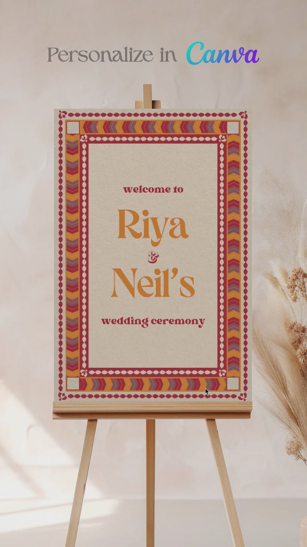 Retro Wedding Welcome Sign. Event Welcome Sign. Shades of red, orange, and yellow. Chevron Pattern. Baby Shower. Birthday and Celebration. Engagement Stationery. Wedding Stationery. DIY Stationery. Digital Download. Canva. Indian Weddings. Reception. Personalize. Customize. Anand Karaj, Mehndi, Sangeet, Haldi