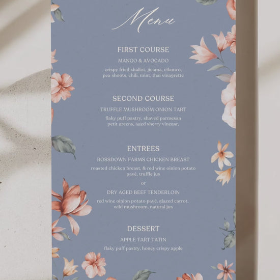 Floral Wedding Menu. Event Food Menu. Shades of Blue, orange and beige. Orange roses. Baby Shower. Indian Wedding. Birthday and Celebration. Engagement Stationery. Wedding Stationery. DIY Stationery. Digital Download. Canva. Indian Weddings. Reception. Personalize. Customize. Anand Karaj, Mehndi, Sangeet, Haldi