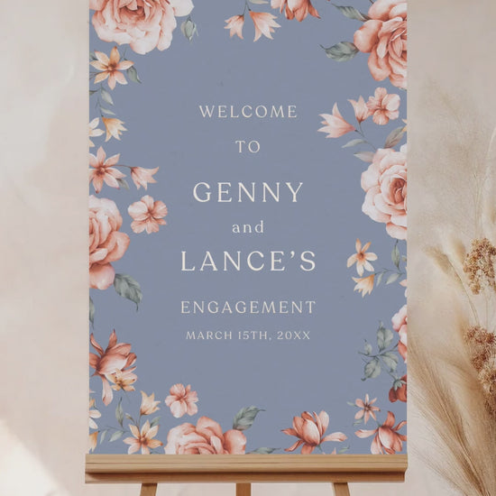 Floral Wedding Welcome Sign. Event Welcome Sign. Shades of Blue, orange and beige. Orange roses. Baby Shower. Indian Wedding. Birthday and Celebration. Engagement Stationery. Wedding Stationery. DIY Stationery. Digital Download. Canva. Indian Weddings. Reception. Personalize. Customize. Anand Karaj, Mehndi, Sangeet, Haldi