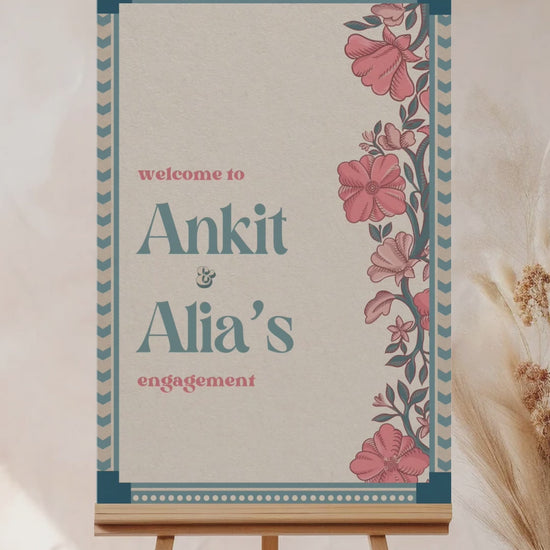 Wedding Invitations. Retro Welcome Sign. Indian Wedding Invites. Invitation set. Wedding and Event Welcome Sign. Blue, pink and beige colours. Orange florals. Birthday and Celebration. Wedding Ceremony. Engagement Sign. Wedding Stationery. DIY Stationery. Digital Download. Canva. Indian Weddings. Anand Karaj. Sangeet. Chunni. Personalize. Customize.