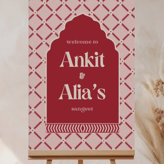 Jaipur floral block print Welcome Sign with arched stripes and chevron pattern in the shades of red, pink, and beige. Indian Wedding Events like jago, sangeet, mehndi, haldi, chunni & maiyan. Inspired by Villa Palladio Jaipur. Palace Arches. Traditional and modern indian design. Personalize and customize in Canva. Print at any local printer around the World.