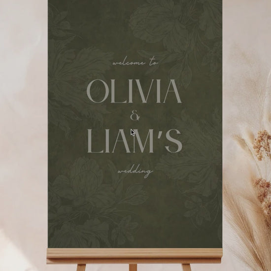 Wedding welcome sign in a minimalistic style. Event signage. In a navy blue texture wash. Stationery for various event celebrations. Wedding, engagement stationery. Personalize and customize in Canva. Print at any local printer around the World. Olive green, sage green, mehndi green. Textured florals