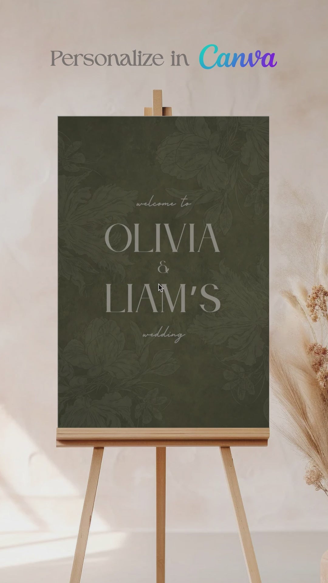Wedding welcome sign in a minimalistic style. Event signage. In a navy blue texture wash. Stationery for various event celebrations. Wedding, engagement stationery. Personalize and customize in Canva. Print at any local printer around the World. Olive green, sage green, mehndi green. Textured florals