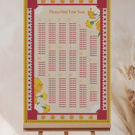 Retro Wedding Seating Chart with yellow & orange marigold florals. Indian Wedding events for Sangeet, Haldi, Maiyan or Jago. Wedding Signage. Personalize and customize in Canva. Digital Download.  Print around the world at a local print shop.