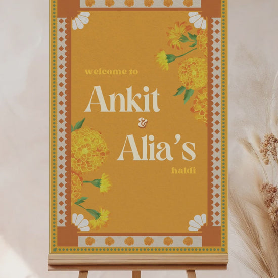Wedding Invitations. Retro Welcome Sign. Indian Wedding Invites. Event Welcome Sign. Shades of Yellow. Yellow Florals. Baby Shower. Birthday and Celebration. Wedding Ceremony. Engagement Sign. Wedding Stationery. DIY Stationery. Digital Download. Canva. Indian Weddings. Anand Karaj. Sangeet. Chunni. Mehndi, Haldi. Personalize. Customize.