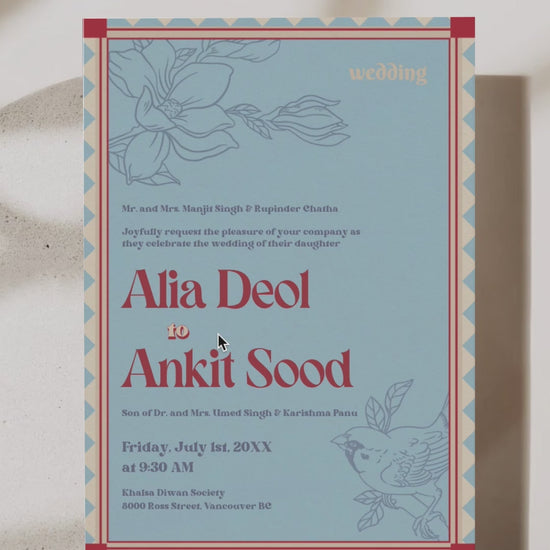 Retro Wedding Invitation Set. Event invite set. Shades of blue, red and orange. Baby Shower. Birthday and Celebration. Engagement Stationery. Wedding Stationery. DIY Stationery. Digital Download. Canva. Indian Weddings. Reception. Personalize. Customize. Anand Karaj, Mehndi, Sangeet, Haldi